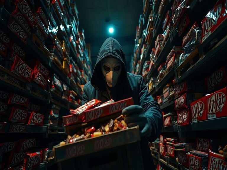 A dramatic scene depicting a dark distribution center with chocolate bars scattered around, highlighting the chaotic aftermat