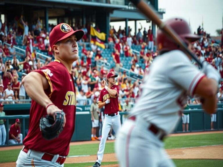A vibrant scene of FSU baseball players during a game, showcasing the energy of the crowd and the team's spirit.