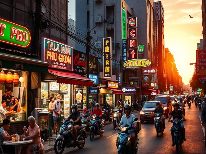 A bustling street in Saigon showcasing a mix of modern skyscrapers and traditional markets, with vibrant street life and loca