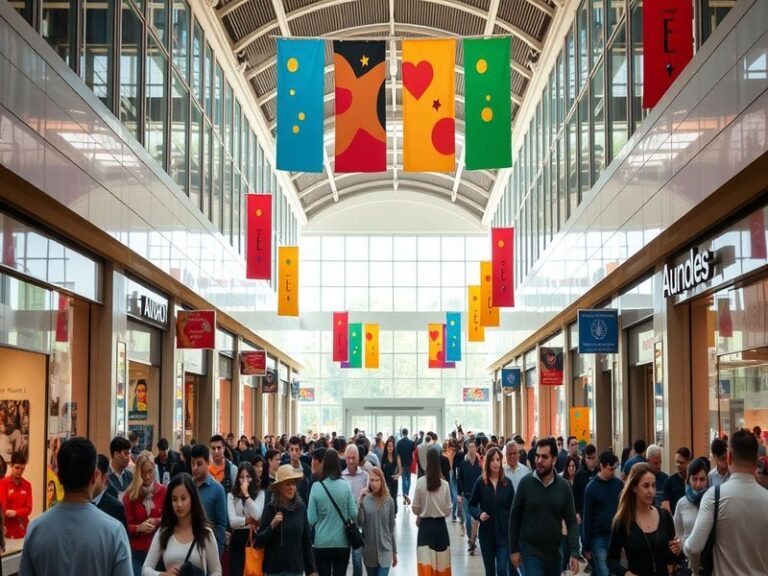 A vibrant interior view of Arundel Mills Mall, showcasing shoppers, colorful storefronts, and dining areas.
