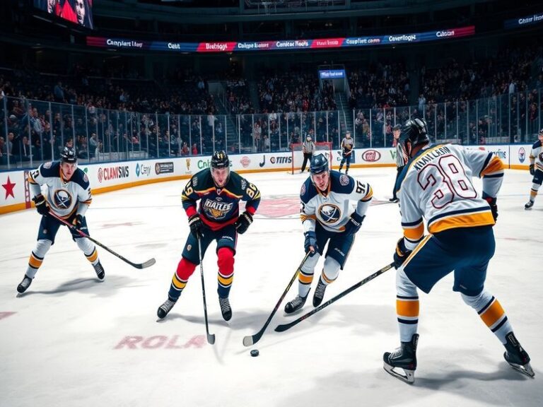 A thrilling hockey game scene featuring the Seattle Kraken and Buffalo Sabres battling on the ice, with fans cheering in the