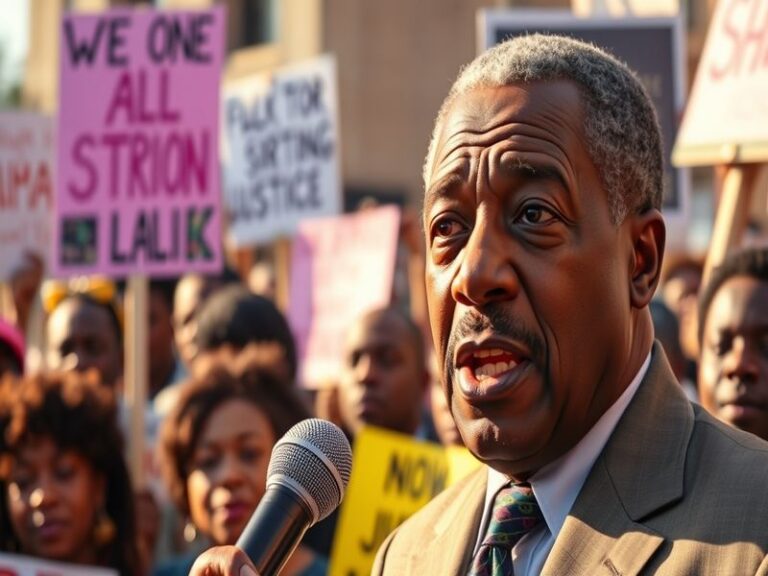 A portrait of Al Sharpton speaking at a rally, surrounded by supporters holding signs advocating for social justice, with a v