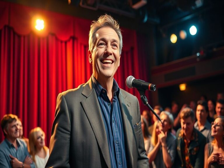 A lively stage scene featuring Gary Wilmot in a theatrical performance, showcasing his charismatic presence and engaging audi