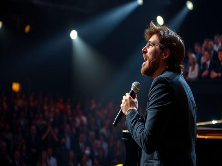 A live concert scene featuring Josh Groban, illuminated by colorful stage lights, with an enthusiastic audience in the backgr