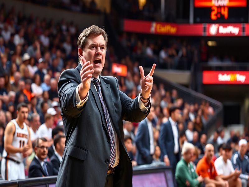 A dynamic image of Brad Underwood coaching on the sidelines, with players in action during a game, showcasing intensity and f