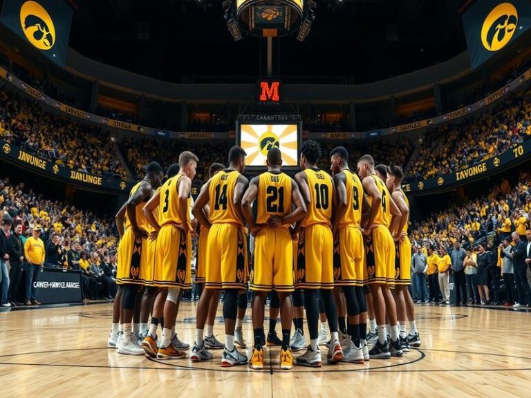 A vibrant image of the Iowa basketball team in action, showcasing players in their uniforms during a game, with fans cheering