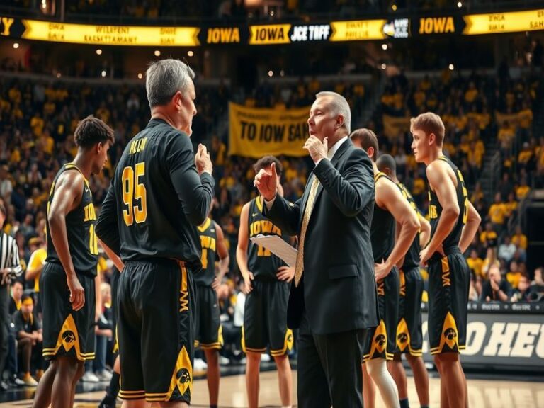 An action shot of Iowa basketball players during a game, showcasing teamwork and intensity in the arena.