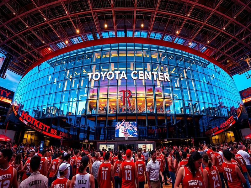 A vibrant nighttime exterior shot of the Toyota Center with its illuminated glass façade, bustling crowd, and downtown Housto