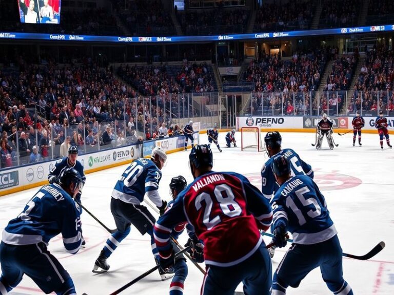 An action-packed hockey game between the Winnipeg Jets and Colorado Avalanche, featuring players in motion, fans cheering in