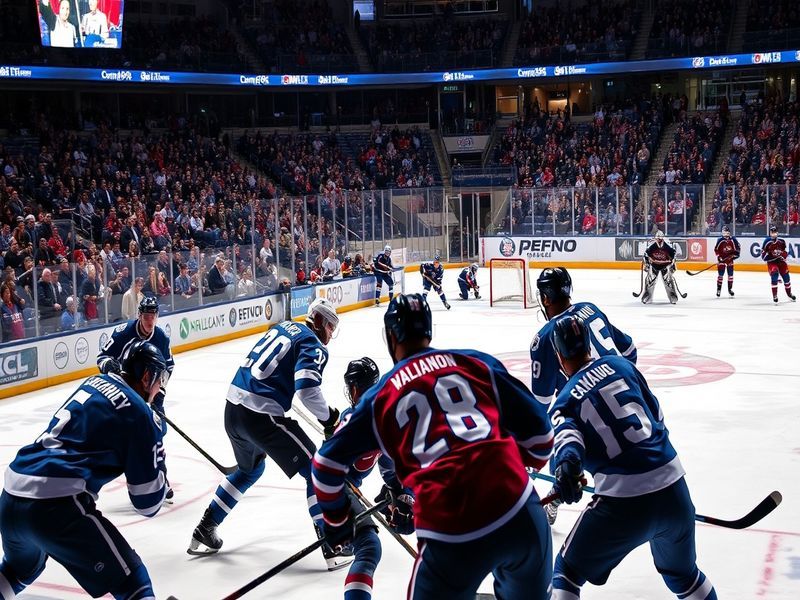 An action-packed hockey game between the Winnipeg Jets and Colorado Avalanche, featuring players in motion, fans cheering in