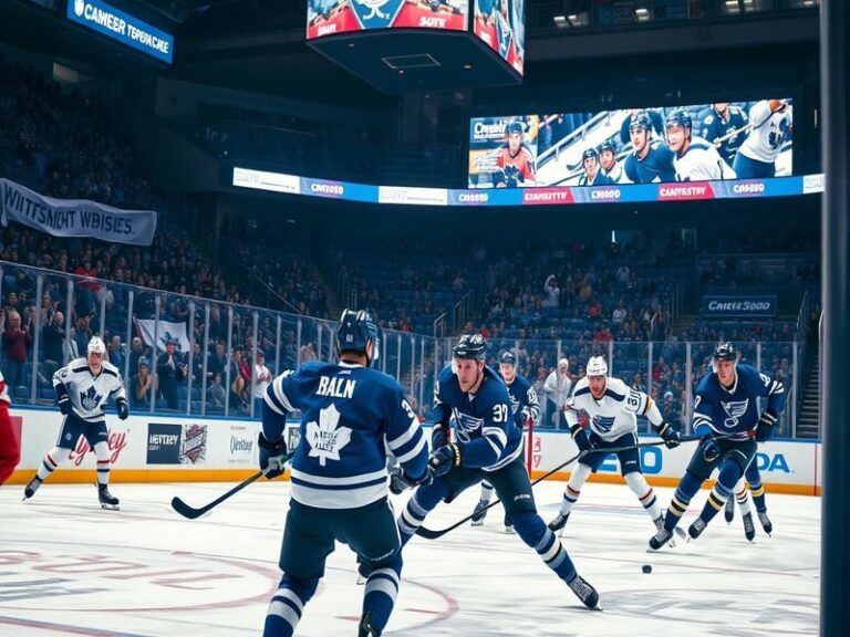 A dramatic on-ice moment showcasing the Maple Leafs and Blues players in action, with intense expressions and the hockey rink