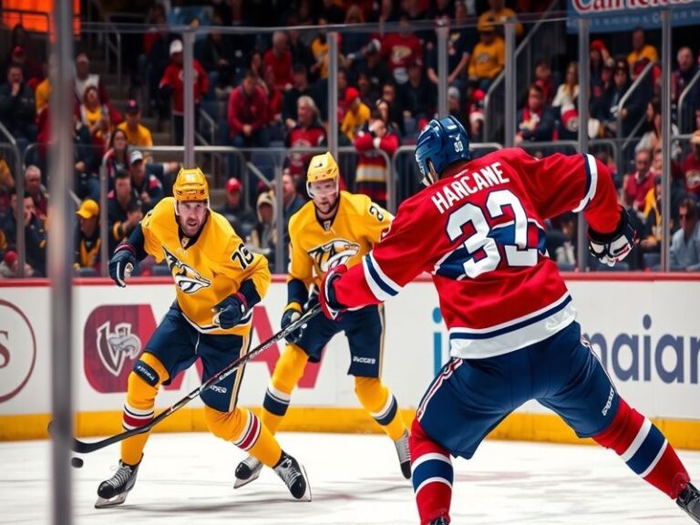 A high-energy hockey game scene featuring players from the Canadiens and Predators battling for the puck on the ice, with fan