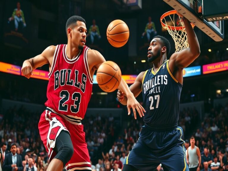 An intense basketball game scene featuring the Chicago Bulls and Memphis Grizzlies in action, highlighting players in vibrant