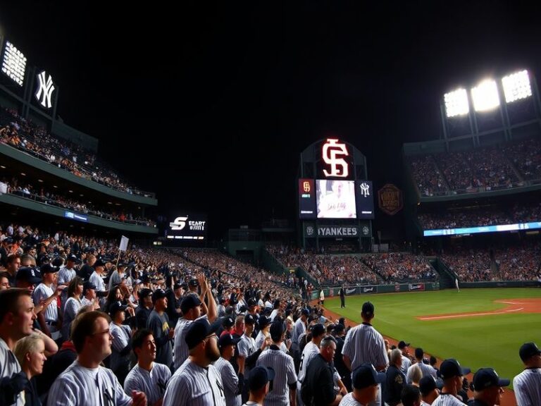A vibrant collage of Yankees and Giants fans at their respective stadiums, showcasing team colors, jerseys, and the electric