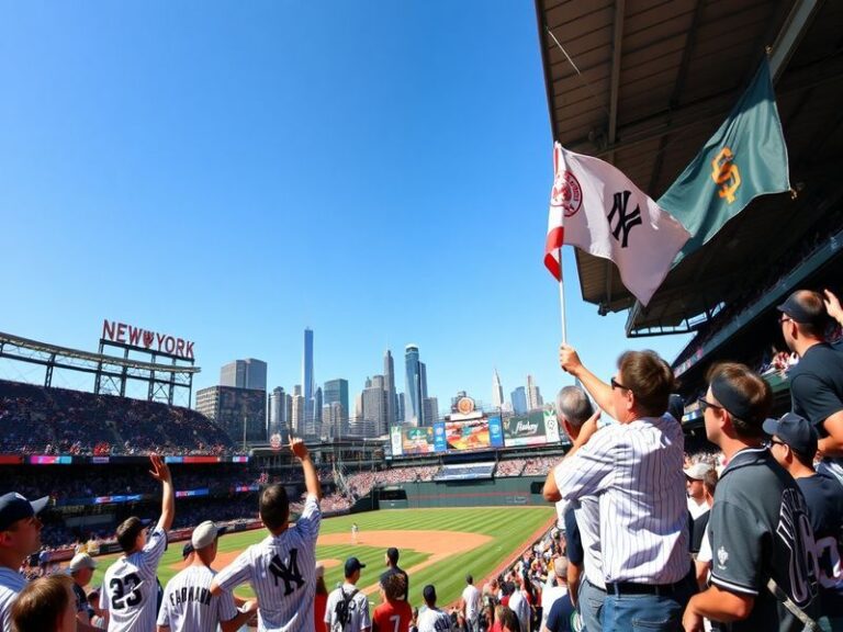 A vibrant image of a baseball game at Yankee Stadium, capturing the excitement of fans in the stands, players on the field, a