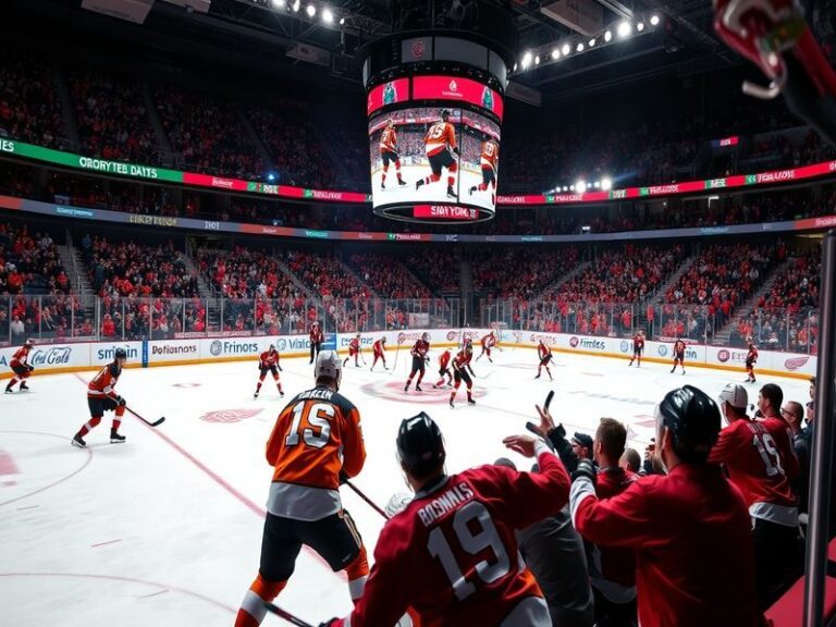A vibrant scene of a Flyers vs Red Wings game, showcasing fans in team colors, players in action, and the electric atmosphere