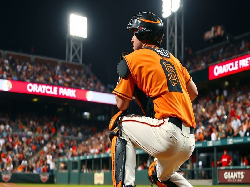 A portrait of Buster Posey in his San Francisco Giants uniform, smiling as he stands on the field, capturing the spirit of sp