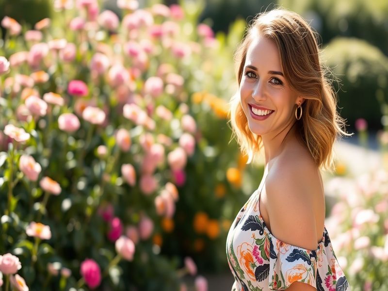 A vibrant portrait of Jen Lilley, smiling warmly in a casual setting, with a backdrop of colorful flowers, reflecting her che