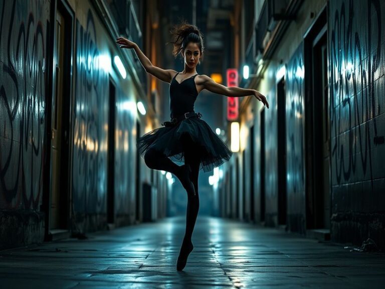 A dynamic action scene from 'John Wick: Ballerina', featuring the female lead in a ballet studio, showcasing her agility and