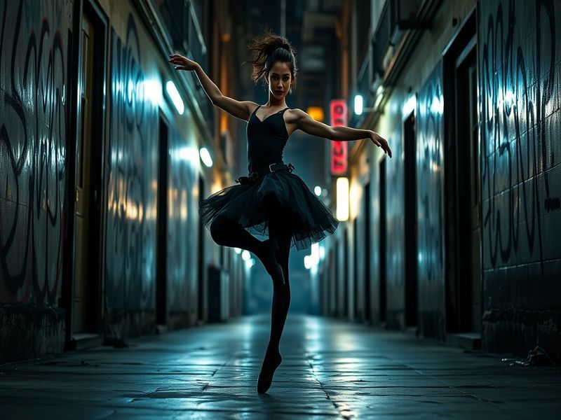 A dynamic action scene from 'John Wick: Ballerina', featuring the female lead in a ballet studio, showcasing her agility and