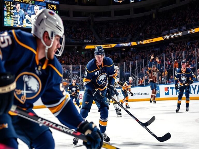 An action shot of the Buffalo Sabres during a game, showcasing players in motion with the crowd in the background, evoking a