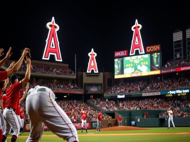A vibrant scene at Angel Stadium during a game, showcasing the team’s mascot (Rally the Lion), diverse fans, and the iconic B