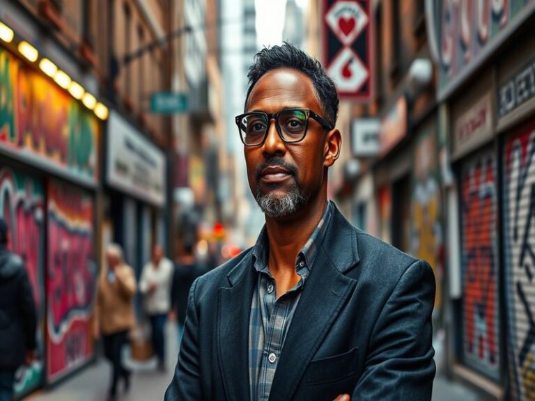 A portrait of Lerryan Douglas in a tech workspace, showcasing screens with code and community workshop activities, reflecting