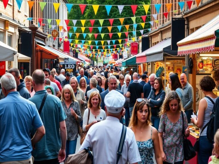 An image depicting the Derbyshire landscape with a vibrant community event in the foreground, showcasing locals engaging and