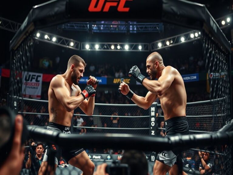 A dynamic shot of UFC fighters in action during a match, showcasing intense expressions and athleticism in the octagon.