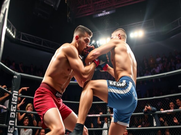 A vibrant scene inside Arena Ciudad de México during UFC 327, featuring fighters in action with a Mexican flag draped over th