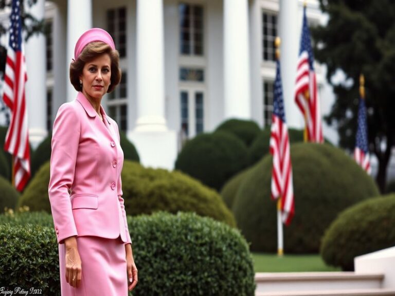 A portrait of Jackie Kennedy Onassis, showcasing her elegance and poise, set against the backdrop of the White House.
