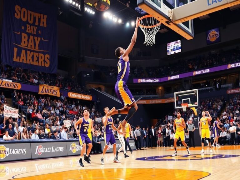 An action shot of South Bay Lakers players in a game, showcasing their vibrant purple and gold uniforms, with fans cheering i
