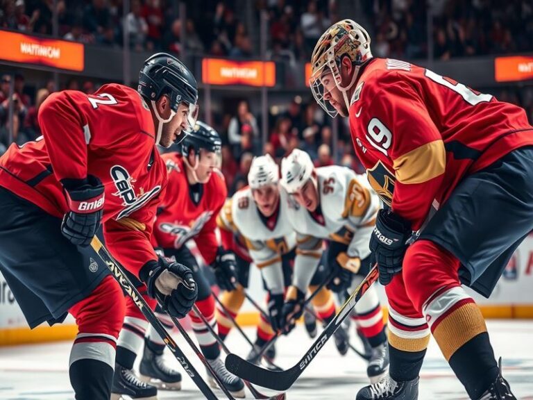 Action-packed scene showing Capitals and Golden Knights players battling for the puck during a game, with fans cheering in th
