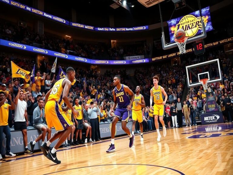 A dynamic action shot of a South Bay Lakers game in El Segundo, featuring a mix of young prospects and veteran players on the