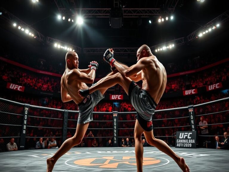 A dynamic shot of UFC fighters in action within the octagon, showcasing intense expressions and athleticism, with a cheering
