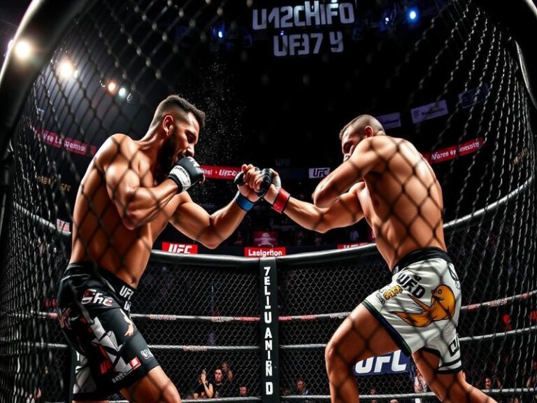 A dynamic image of UFC fighters in the octagon, showcasing intense action with bright lights and a cheering crowd, capturing