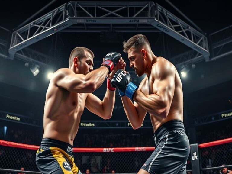 An action-packed scene from a UFC fight, showcasing fighters in a dynamic grappling exchange in a packed arena with an enthus