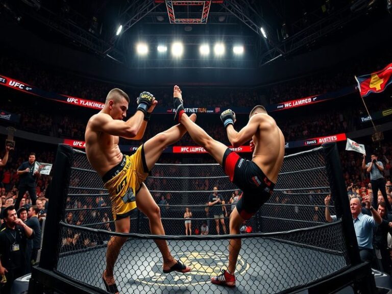 An action-packed scene from UFC 327, showcasing fighters in the octagon with intense expressions, bright lights, and a cheeri