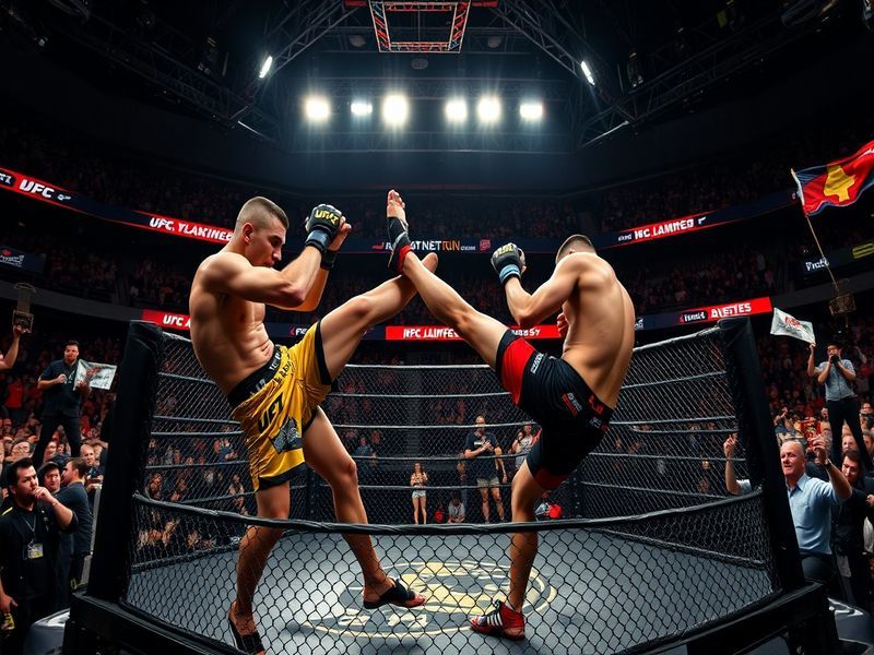 An action-packed scene from UFC 327, showcasing fighters in the octagon with intense expressions, bright lights, and a cheeri