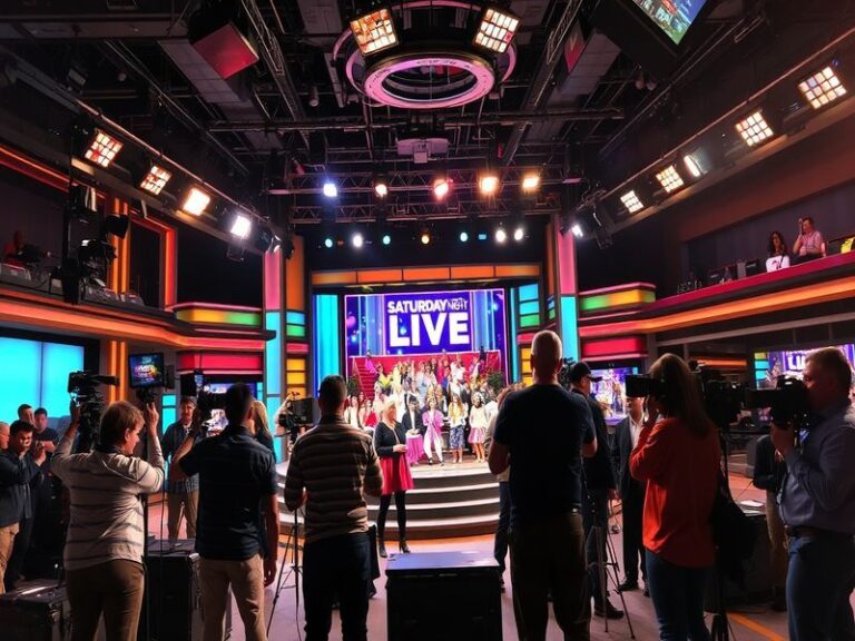 A split-screen image showing a live SNL taping on one side and a smartphone displaying SNL's schedule on the other. The live