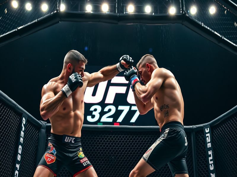 A dynamic shot of fighters in the octagon, capturing intense action with vibrant colors and a packed audience in the backgrou