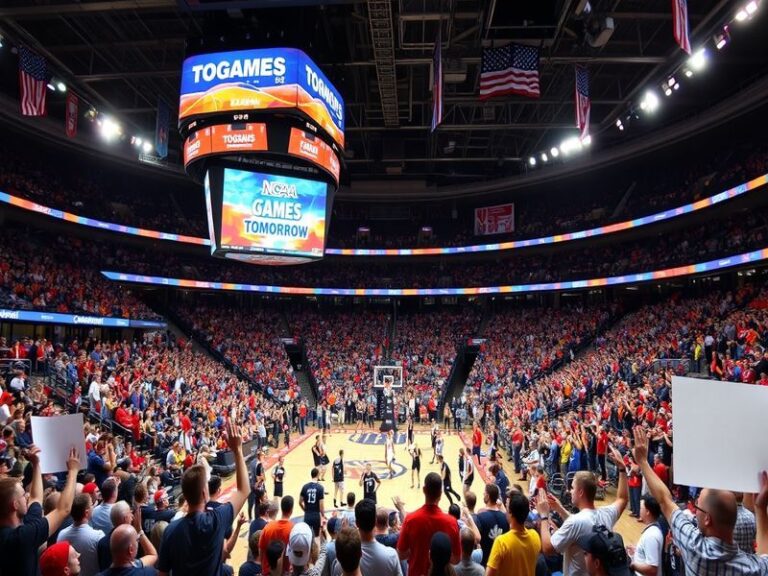 A vibrant college basketball arena filled with cheering fans, team banners, and players warming up on the court, capturing th