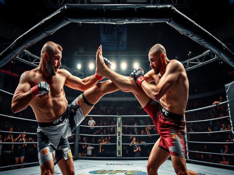 A dynamic shot of fighters in the octagon, showcasing intense action, with spectators in the background cheering passionately