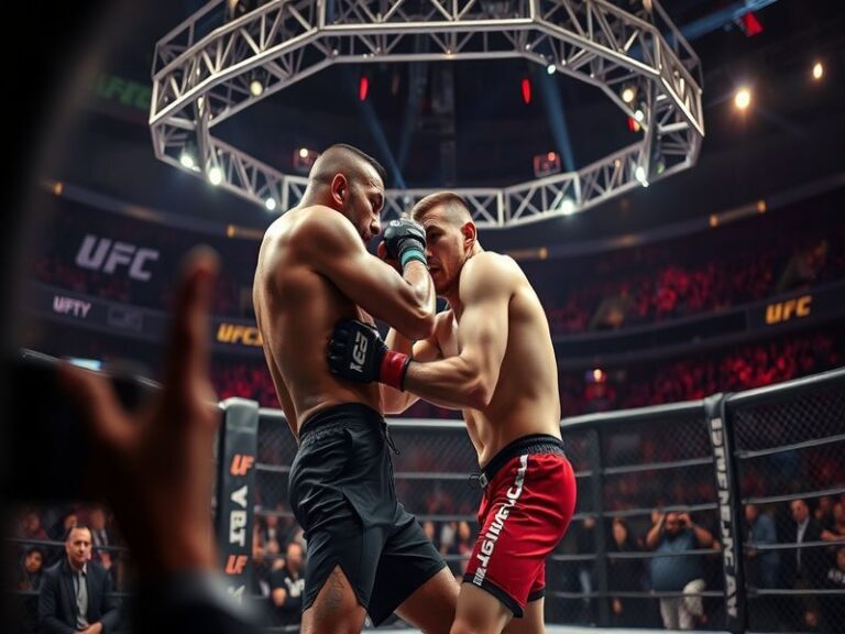 A dynamic scene from UFC 327 showcasing fighters in action, capturing the intensity and excitement of the event.