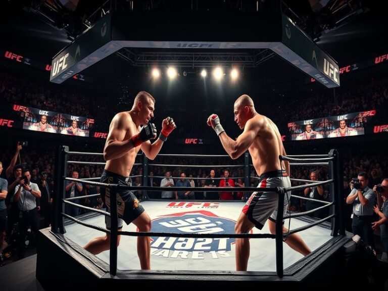 A vibrant UFC octagon with fighters in action, smoke filling the arena, and a cheering crowd under bright lights. The fighter