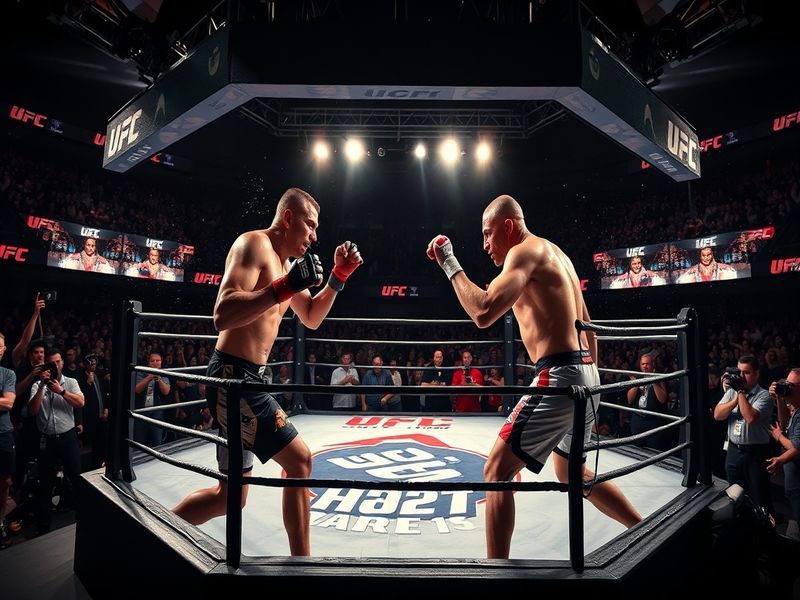 A vibrant UFC octagon with fighters in action, smoke filling the arena, and a cheering crowd under bright lights. The fighter