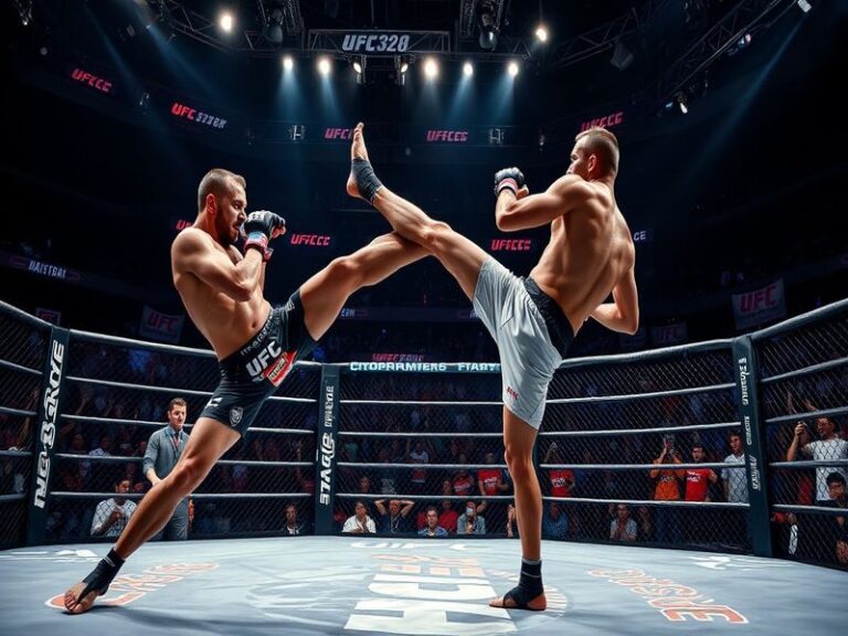 A vibrant image capturing the excitement of UFC 328, featuring fighters in the octagon, surrounded by cheering fans and dynam