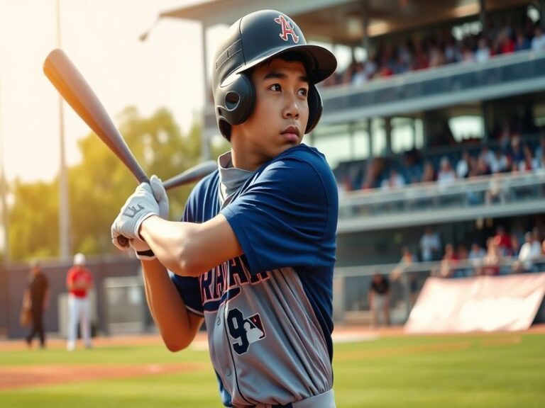 A dynamic action shot of Steven Kwan in a Cleveland Guardians uniform, showcasing his batting stance during a game.
