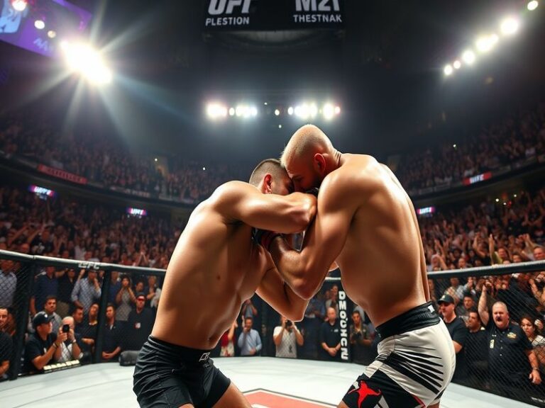 A dynamic shot of two flyweight fighters exchanging strikes in the octagon, with Las Vegas lights blurred in the background,