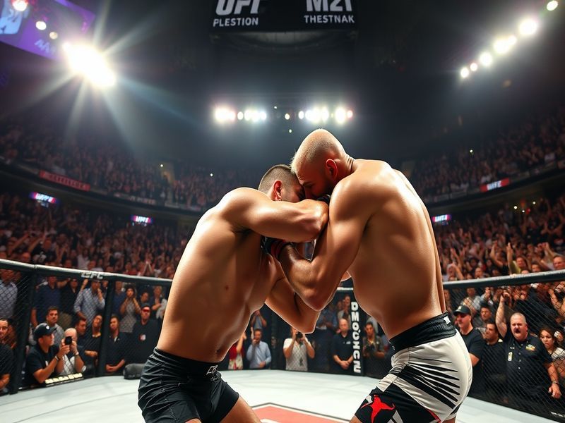 A dynamic shot of two flyweight fighters exchanging strikes in the octagon, with Las Vegas lights blurred in the background,